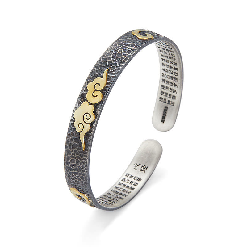 Buddha Stones Retro 999 Sterling Silver Heart Sutra Auspicious Cloud Wealth Cuff Bracelet Bangle - image 3