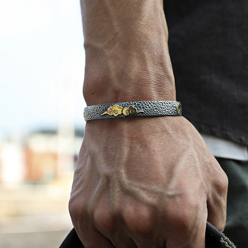 Buddha Stones Retro 999 Sterling Silver Heart Sutra Auspicious Cloud Wealth Cuff Bracelet Bangle - image 8