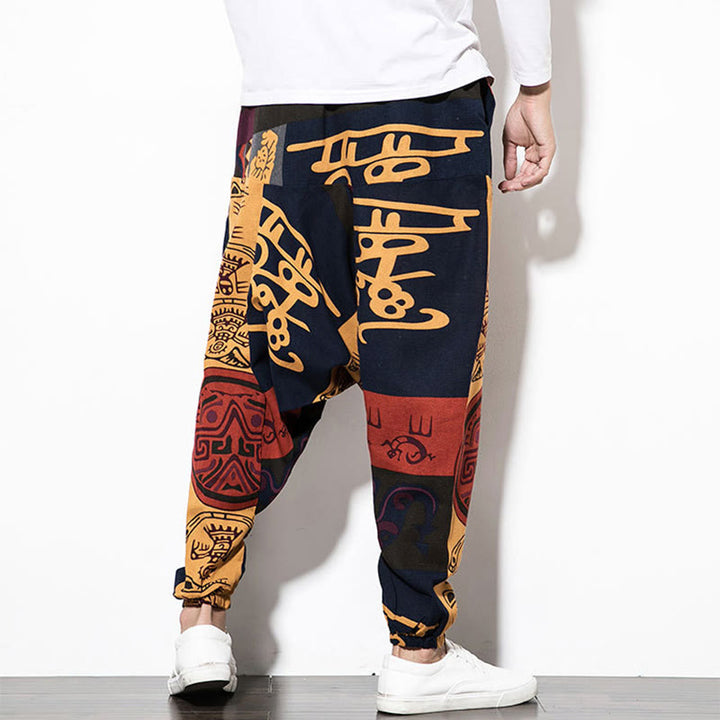 Buddha Stones Red Brown Graffiti Bird Print Cotton Men's Harem Pants With Pockets