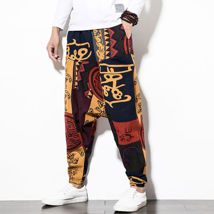 Buddha Stones Red Brown Graffiti Bird Print Cotton Men's Harem Pants With Pockets - image 5