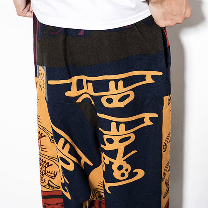 Buddha Stones Red Brown Graffiti Bird Print Cotton Men's Harem Pants With Pockets - image 9