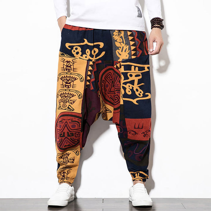Buddha Stones Red Brown Graffiti Bird Print Cotton Men's Harem Pants With Pockets - image 11