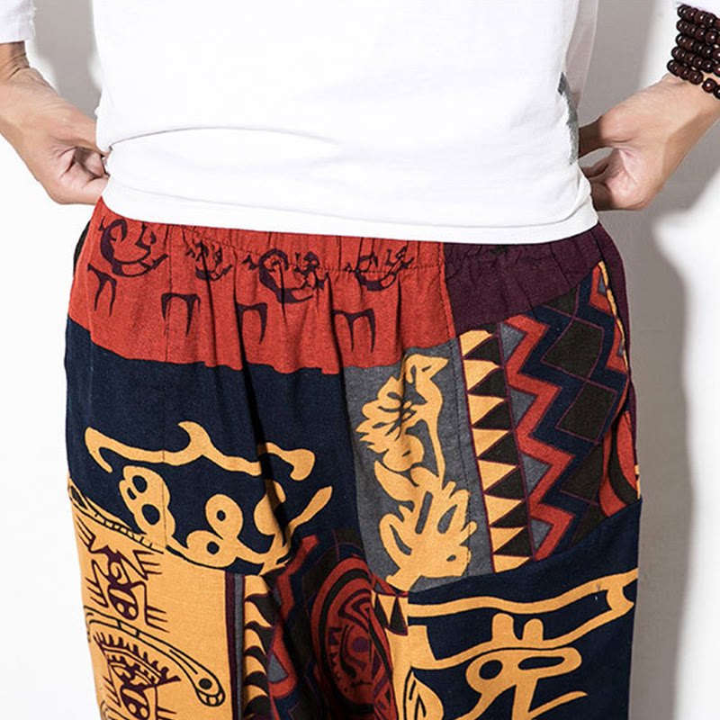 Buddha Stones Red Brown Graffiti Bird Print Cotton Men's Harem Pants With Pockets - image 7