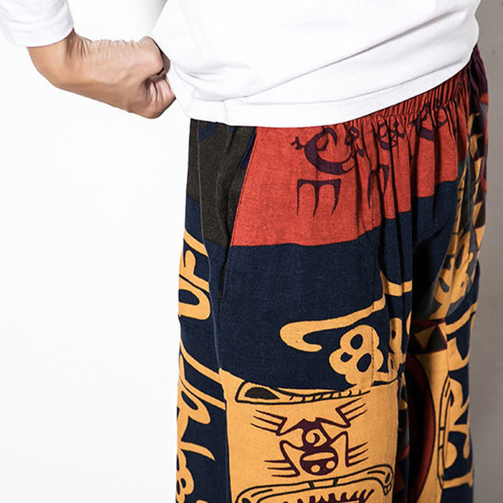 Buddha Stones Red Brown Graffiti Bird Print Cotton Men's Harem Pants With Pockets - image 8