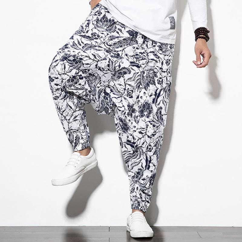 Buddha Stones Leaves Vine Print Cotton Men's Long Cropped Harem Pants With Pockets