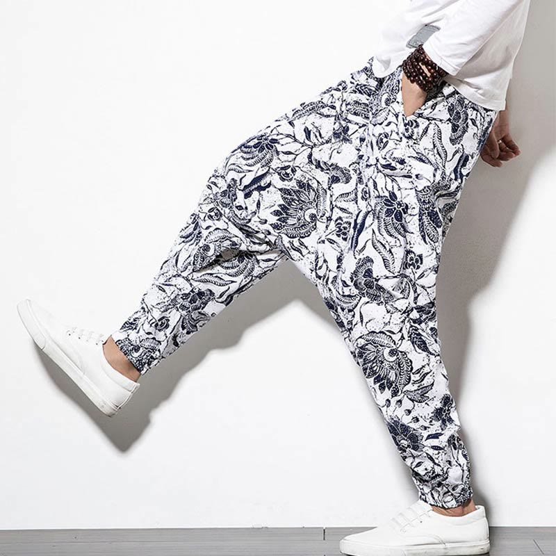 Buddha Stones Leaves Vine Print Cotton Men's Long Cropped Harem Pants With Pockets - image 6