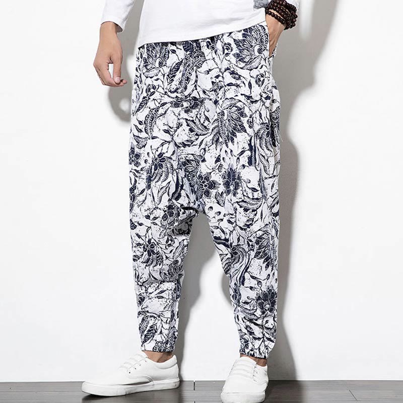 Buddha Stones Leaves Vine Print Cotton Men's Long Cropped Harem Pants With Pockets - image 8
