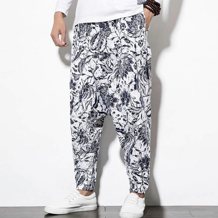 Buddha Stones Leaves Vine Print Cotton Men's Long Cropped Harem Pants With Pockets - image 8