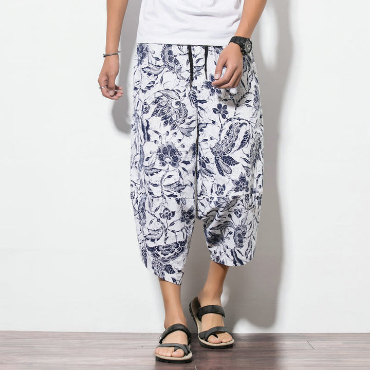 Buddha Stones Leaves Vine Print Cotton Men's Long Cropped Harem Pants With Pockets - image 10