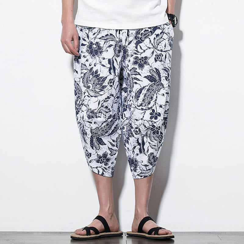 Buddha Stones Leaves Vine Print Cotton Men's Long Cropped Harem Pants With Pockets - image 17