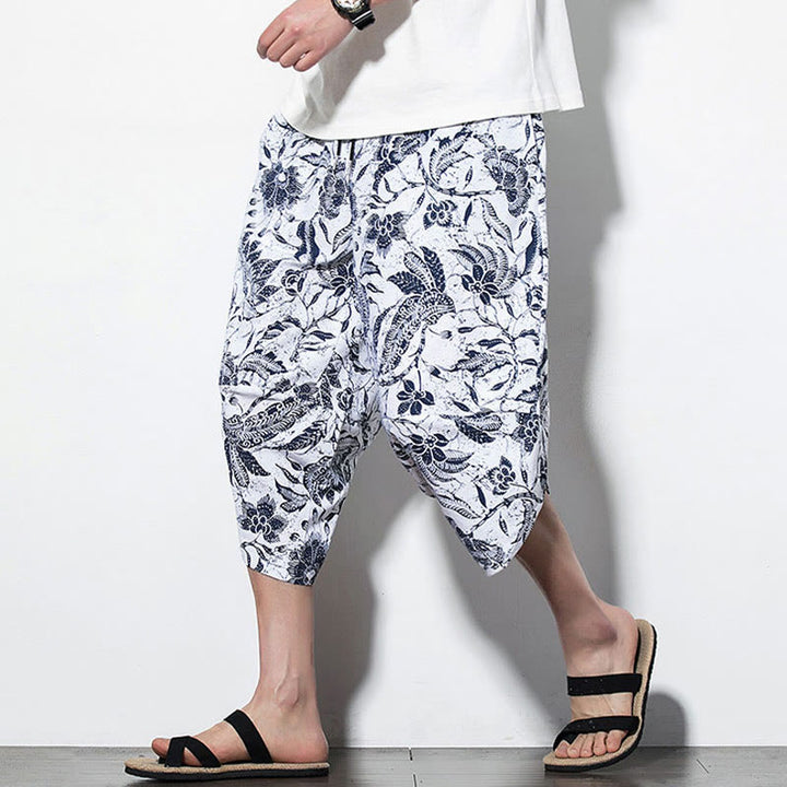 Buddha Stones Leaves Vine Print Cotton Men's Long Cropped Harem Pants With Pockets - Cropped Style Azure - US/UK/AU46，EU56 (5XL) - image 10