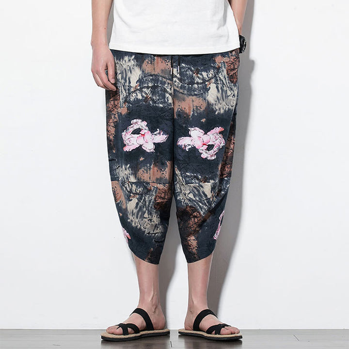 Buddha Stones Pink Lotus Ink Painting Print Cotton Men's Long Cropped Harem Pants With Pockets