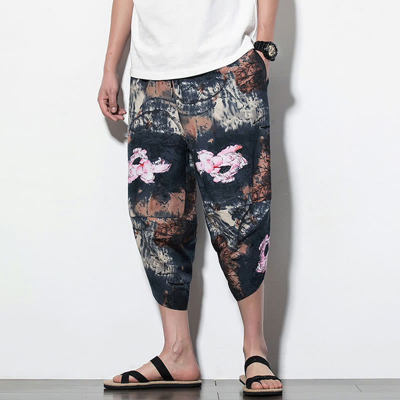 Buddha Stones Pink Lotus Ink Painting Print Cotton Men's Long Cropped Harem Pants With Pockets