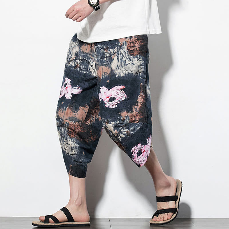 Buddha Stones Pink Lotus Ink Painting Print Cotton Men's Long Cropped Harem Pants With Pockets