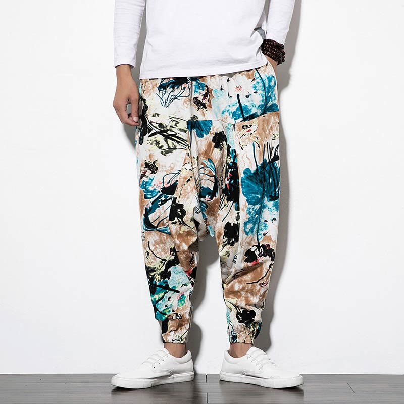 Buddha Stones Flowers Leaves Brown Blue Painting Print Cotton Men's Long Cropped Harem Pants With Pockets - image 2
