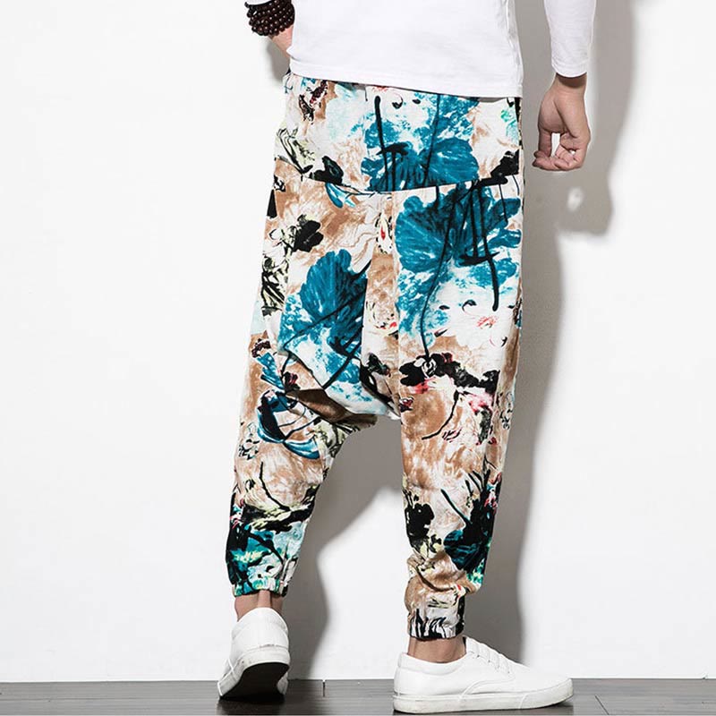 Buddha Stones Flowers Leaves Brown Blue Painting Print Cotton Men's Long Cropped Harem Pants With Pockets