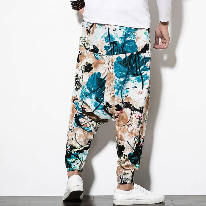 Buddha Stones Flowers Leaves Brown Blue Painting Print Cotton Men's Long Cropped Harem Pants With Pockets - image 3