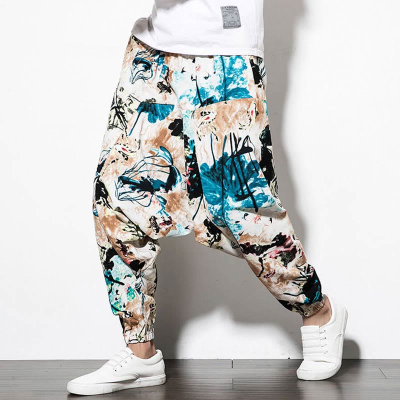 Buddha Stones Flowers Leaves Brown Blue Painting Print Cotton Men's Long Cropped Harem Pants With Pockets - image 7