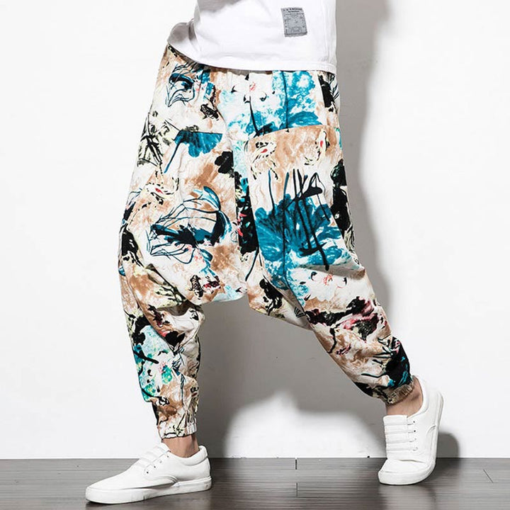 Buddha Stones Flowers Leaves Brown Blue Painting Print Cotton Men's Long Cropped Harem Pants With Pockets - image 7