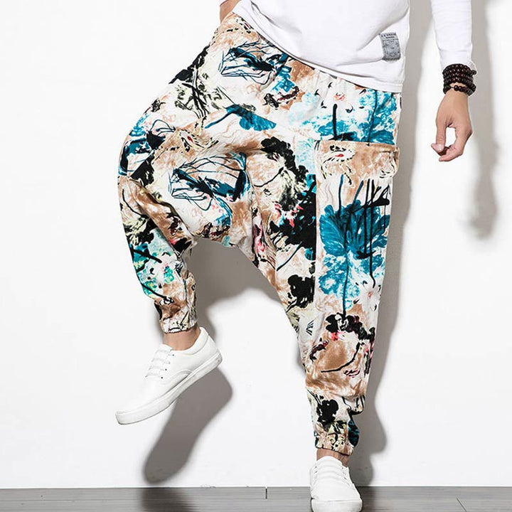 Buddha Stones Flowers Leaves Brown Blue Painting Print Cotton Men's Long Cropped Harem Pants With Pockets - image 9