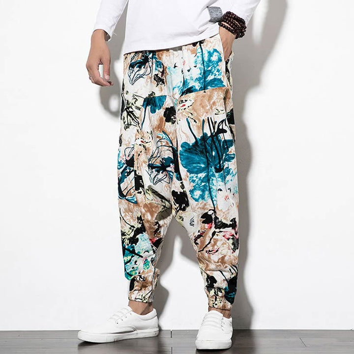 Buddha Stones Flowers Leaves Brown Blue Painting Print Cotton Men's Long Cropped Harem Pants With Pockets