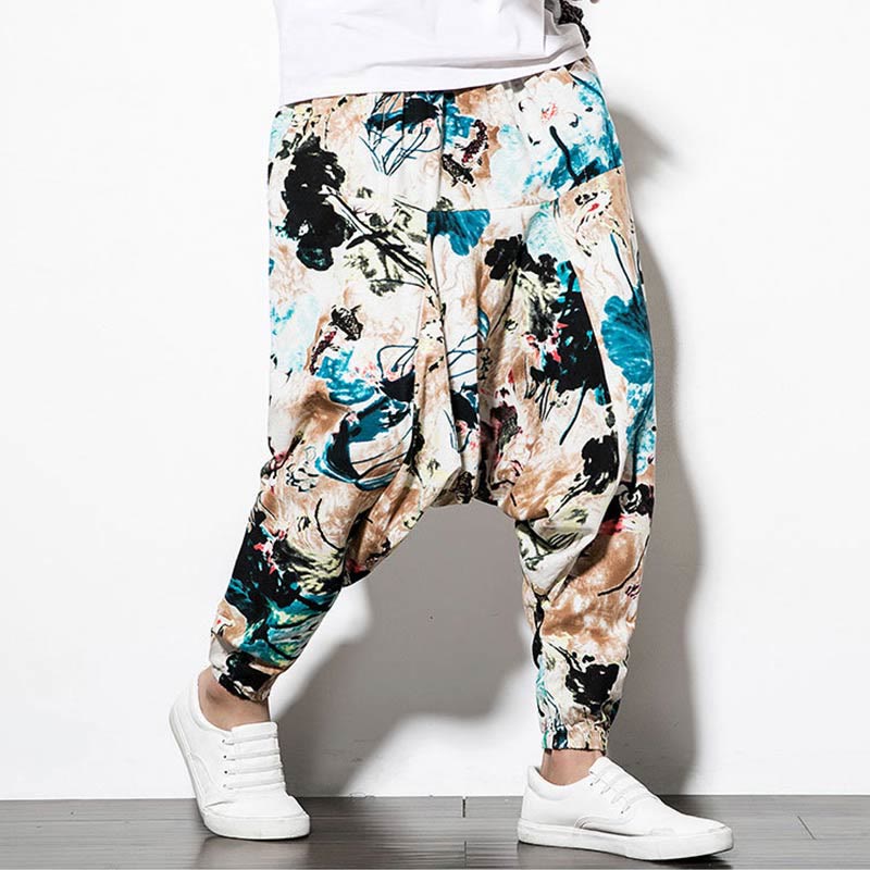 Buddha Stones Flowers Leaves Brown Blue Painting Print Cotton Men's Long Cropped Harem Pants With Pockets - image 5
