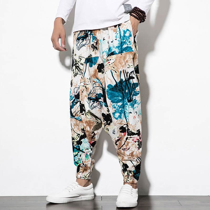 Buddha Stones Flowers Leaves Brown Blue Painting Print Cotton Men's Long Cropped Harem Pants With Pockets - image 8