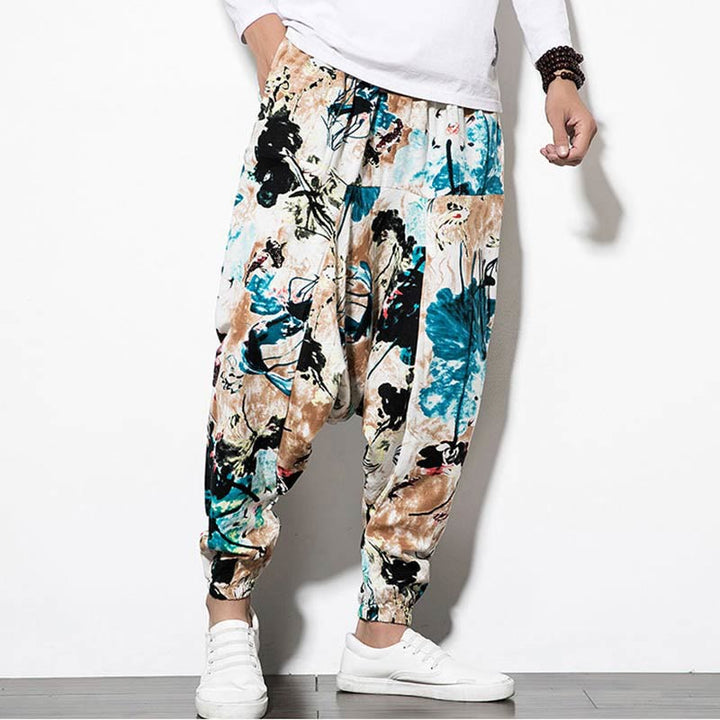 Buddha Stones Flowers Leaves Brown Blue Painting Print Cotton Men's Long Cropped Harem Pants With Pockets - image 6