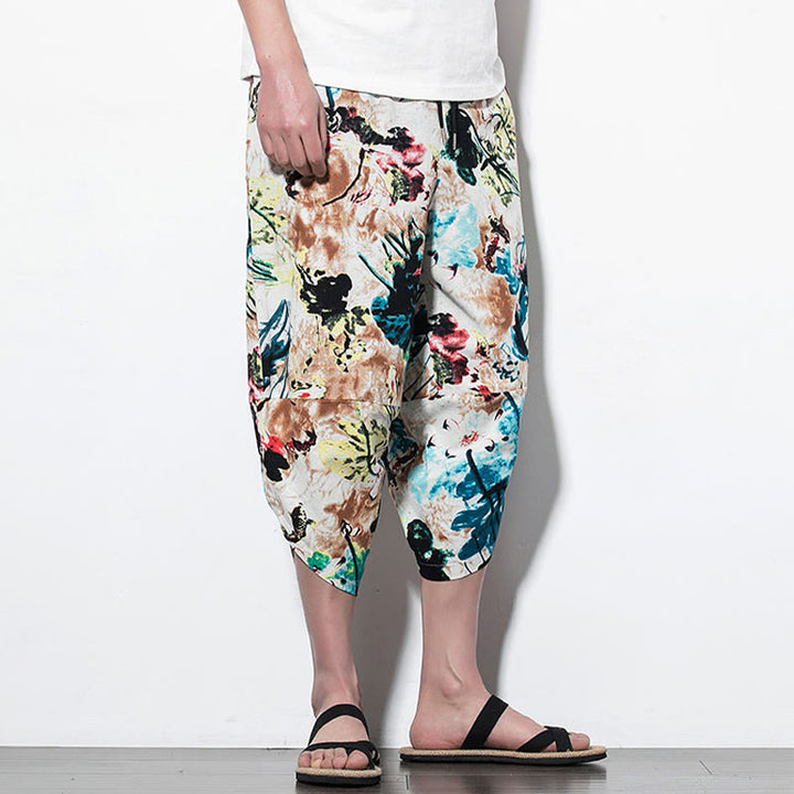 Buddha Stones Flowers Leaves Brown Blue Painting Print Cotton Men's Long Cropped Harem Pants With Pockets - image 14