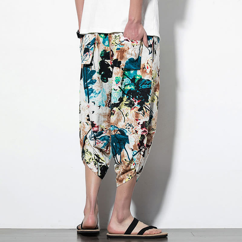 Buddha Stones Flowers Leaves Brown Blue Painting Print Cotton Men's Long Cropped Harem Pants With Pockets - image 12