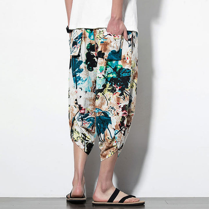 Buddha Stones Flowers Leaves Brown Blue Painting Print Cotton Men's Long Cropped Harem Pants With Pockets - image 12