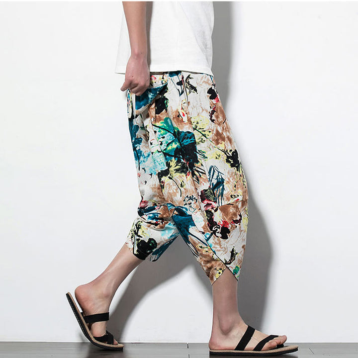 Buddha Stones Flowers Leaves Brown Blue Painting Print Cotton Men's Long Cropped Harem Pants With Pockets - image 18