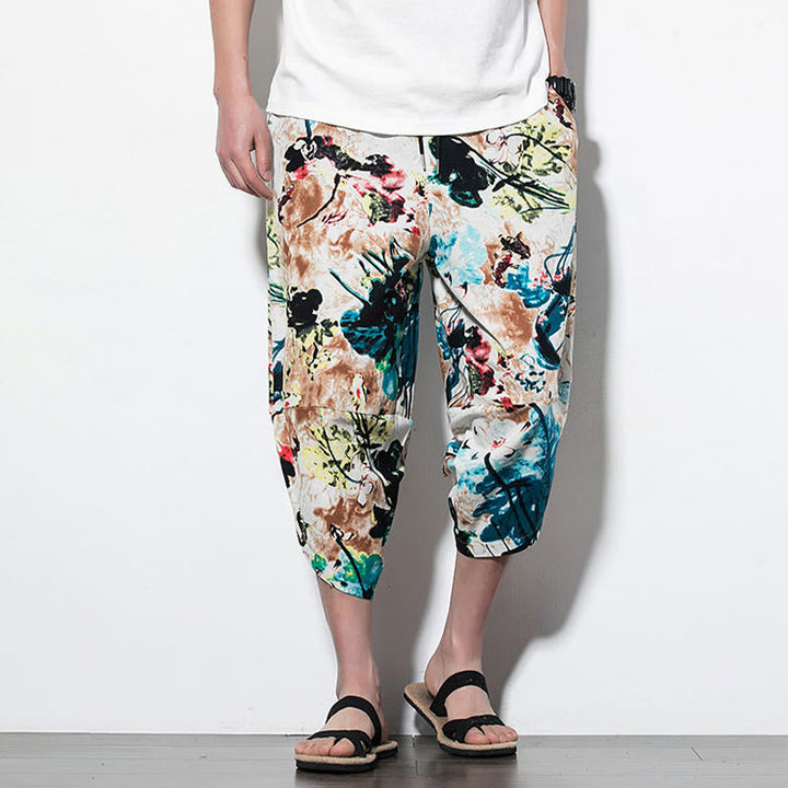 Buddha Stones Flowers Leaves Brown Blue Painting Print Cotton Men's Long Cropped Harem Pants With Pockets - image 16