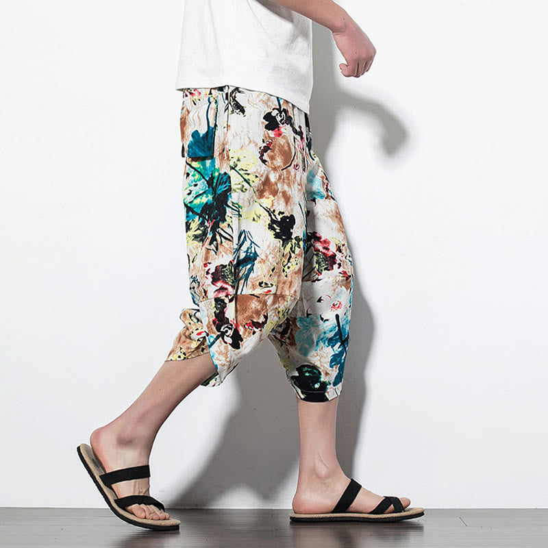Buddha Stones Flowers Leaves Brown Blue Painting Print Cotton Men's Long Cropped Harem Pants With Pockets - image 17