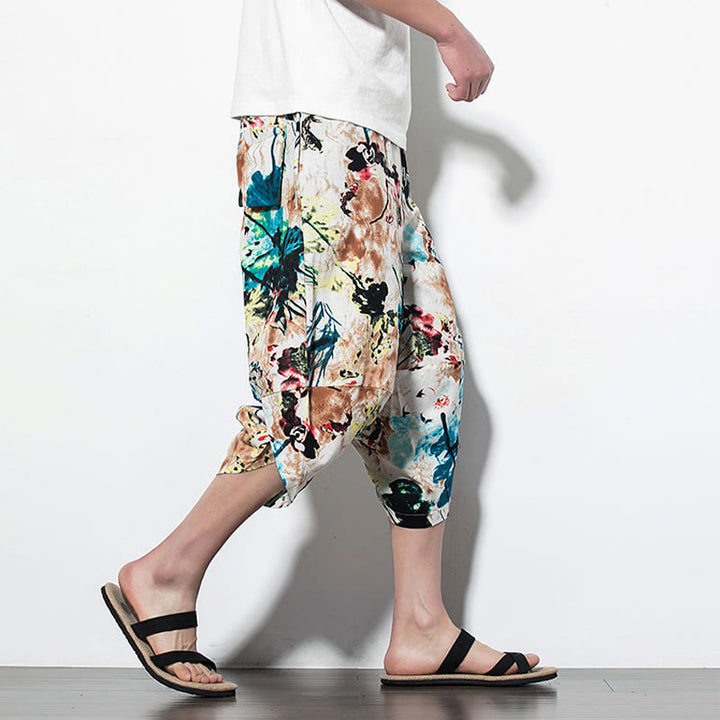 Buddha Stones Flowers Leaves Brown Blue Painting Print Cotton Men's Long Cropped Harem Pants With Pockets - image 17