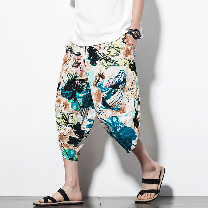 Buddha Stones Flowers Leaves Brown Blue Painting Print Cotton Men's Long Cropped Harem Pants With Pockets - image 19