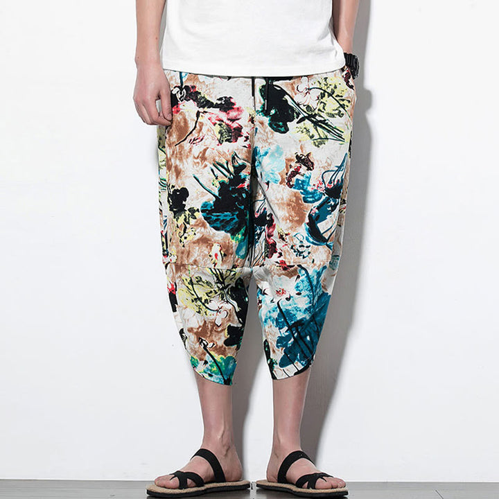 Buddha Stones Flowers Leaves Brown Blue Painting Print Cotton Men's Long Cropped Harem Pants With Pockets - image 11