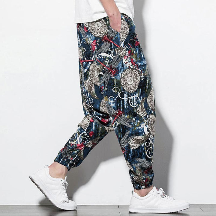 Buddha Stones Red Dragonfly Dandelion Print Cotton Men's Harem Pants With Pockets - image 4