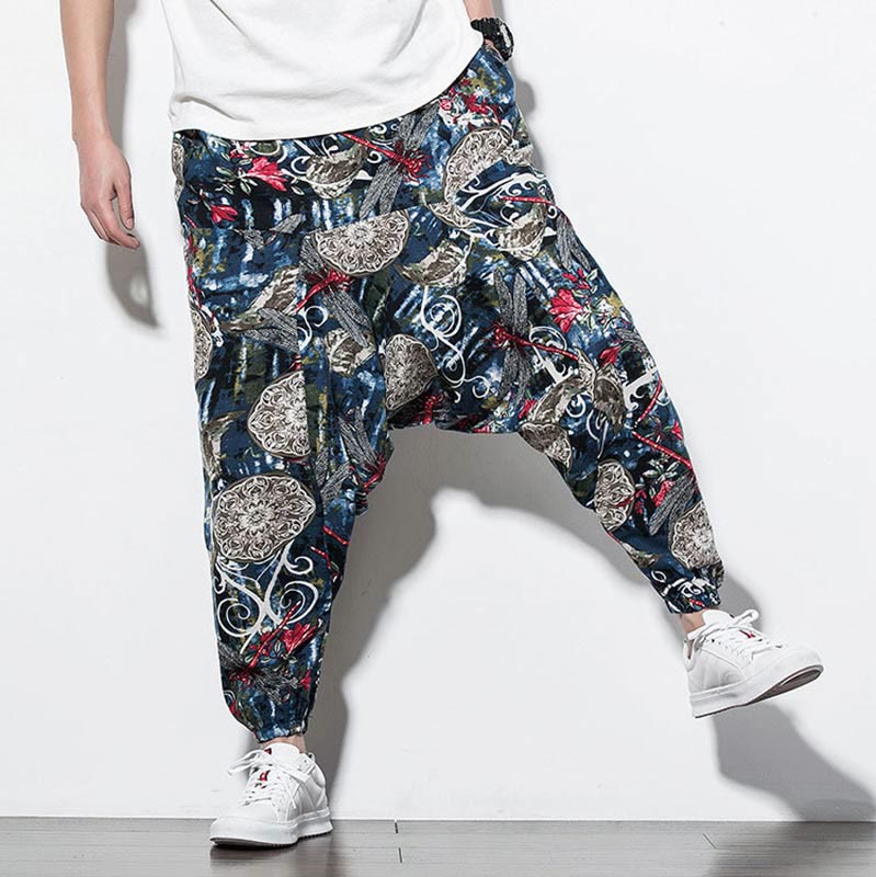 Buddha Stones Red Dragonfly Dandelion Print Cotton Men's Harem Pants With Pockets - image 8