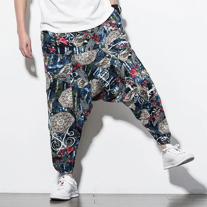 Buddha Stones Red Dragonfly Dandelion Print Cotton Men's Harem Pants With Pockets - image 8