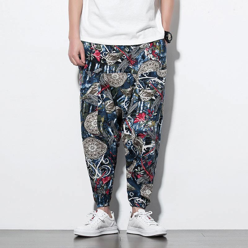 Buddha Stones Red Dragonfly Dandelion Print Cotton Men's Harem Pants With Pockets - image 2