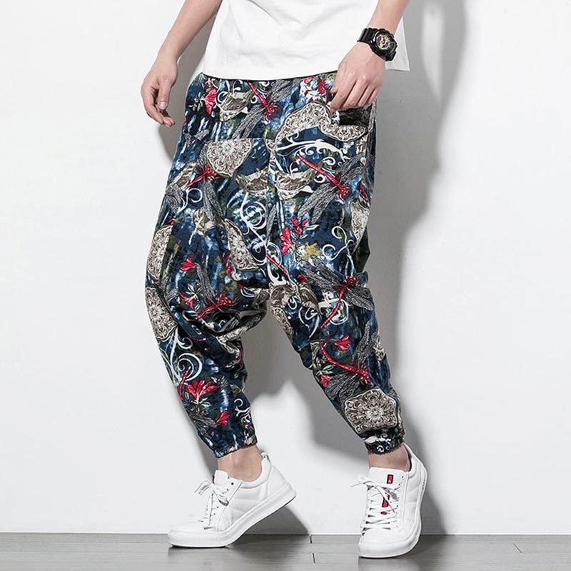 Buddha Stones Red Dragonfly Dandelion Print Cotton Men's Harem Pants With Pockets - image 5