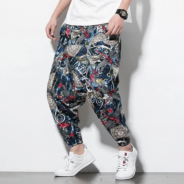 Buddha Stones Red Dragonfly Dandelion Print Cotton Men's Harem Pants With Pockets - image 5