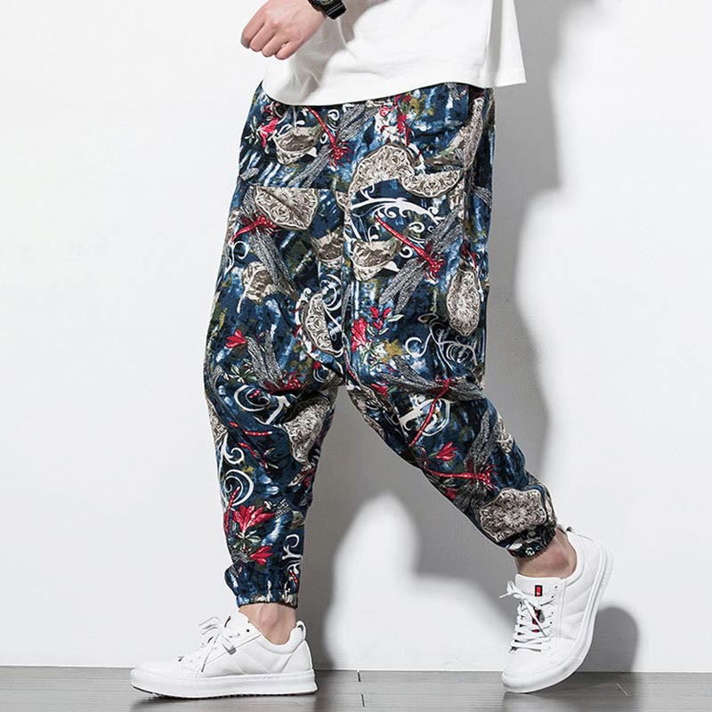 Buddha Stones Red Dragonfly Dandelion Print Cotton Men's Harem Pants With Pockets - image 7