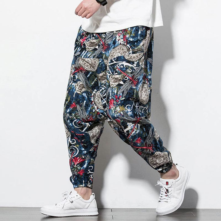 Buddha Stones Red Dragonfly Dandelion Print Cotton Men's Harem Pants With Pockets - image 7