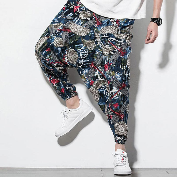 Buddha Stones Red Dragonfly Dandelion Print Cotton Men's Harem Pants With Pockets - image 9