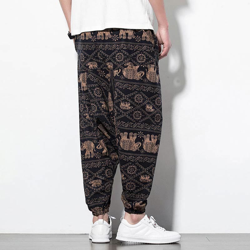 Buddha Stones Elephant Brown Black Print Cotton Men's Long Cropped Harem Pants With Pockets - image 3
