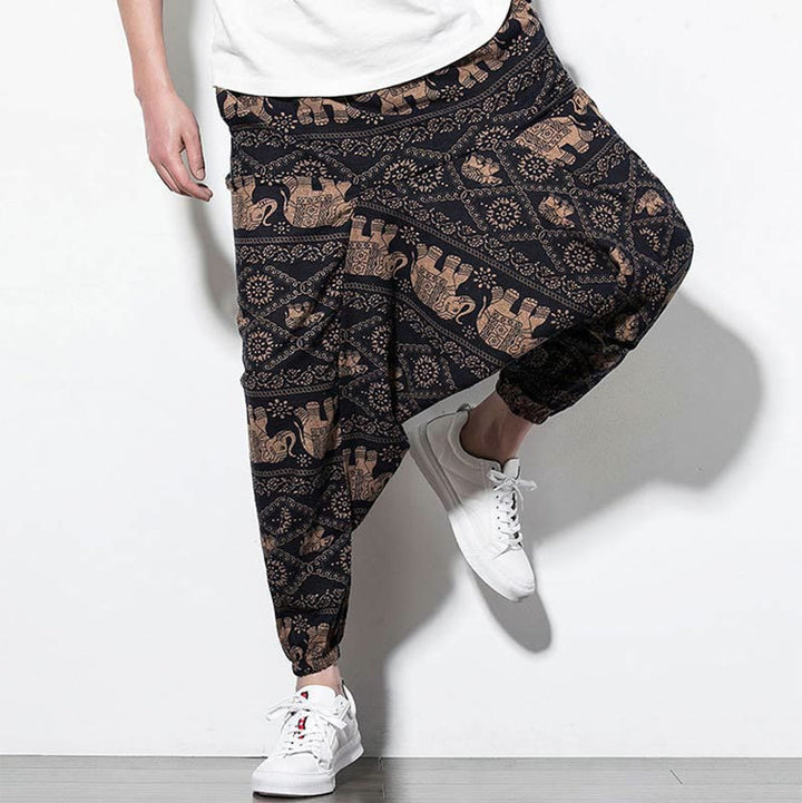 Buddha Stones Elephant Brown Black Print Cotton Men's Long Cropped Harem Pants With Pockets - image 7