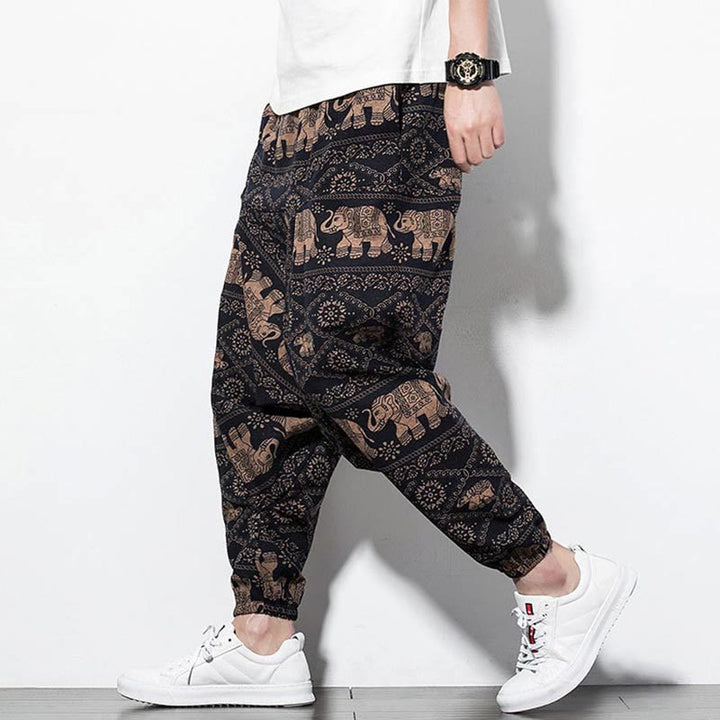 Buddha Stones Elephant Brown Black Print Cotton Men's Long Cropped Harem Pants With Pockets