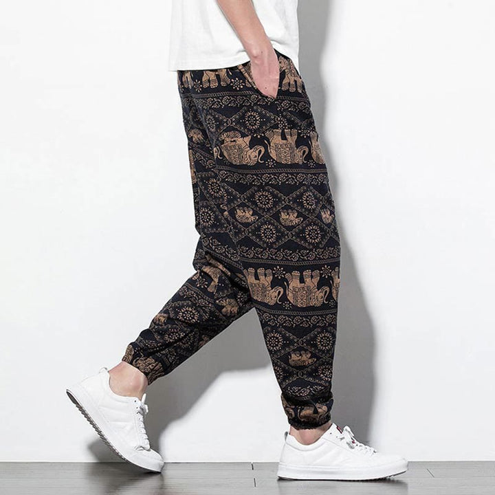 Buddha Stones Elephant Brown Black Print Cotton Men's Long Cropped Harem Pants With Pockets